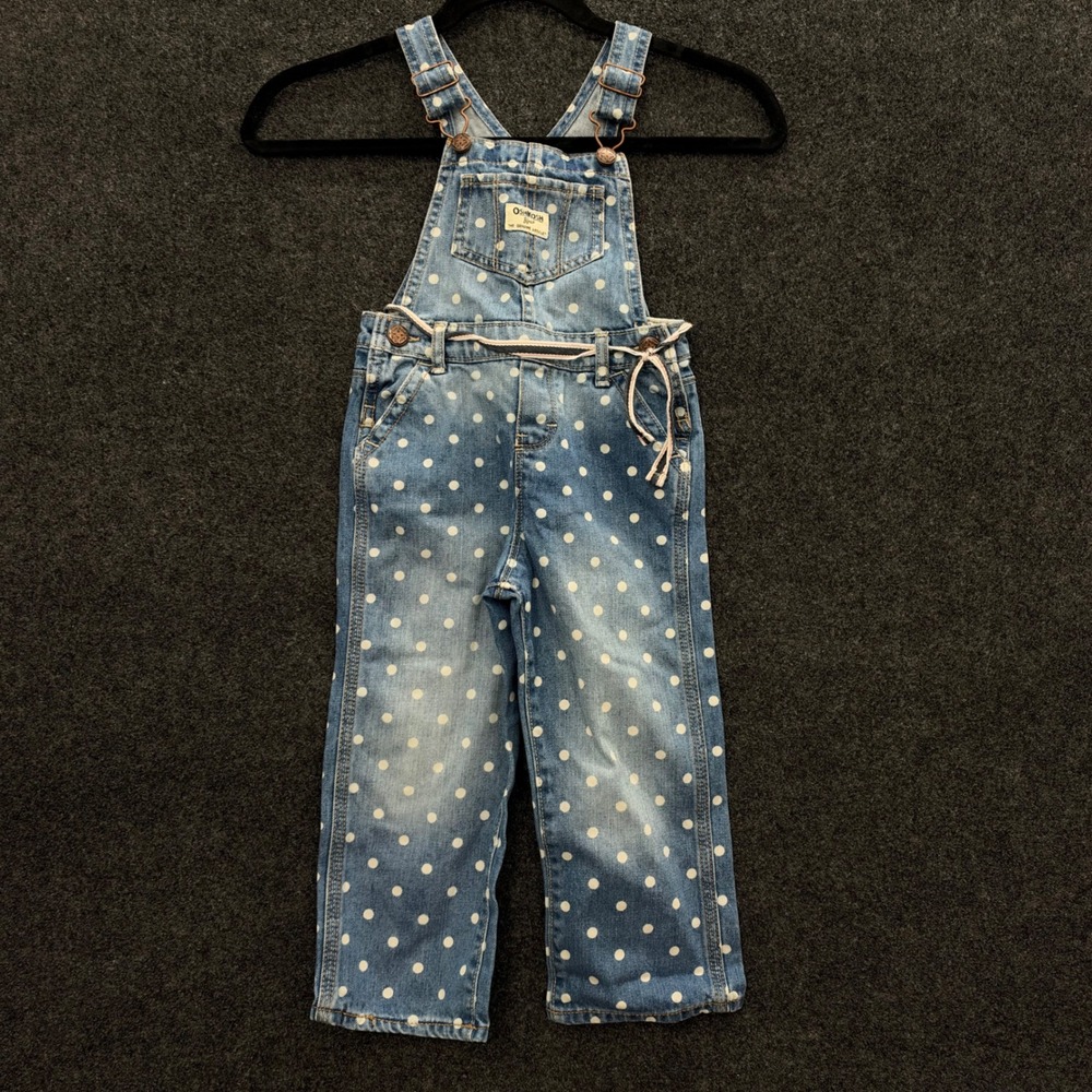 OshKosh Bgosh Toddler Girls Polka Dot Denim Overalls Blue Vintage Selvedge 3T